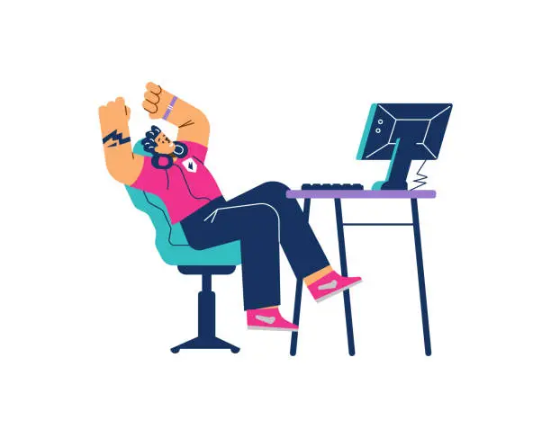 Vector illustration of Young boy leaned back in chair and rejoices in victory in computer game flat style