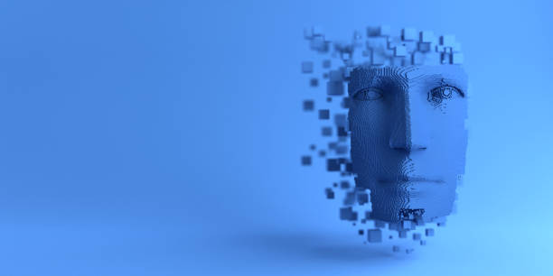 istock Artificial intelligence conceptual face made of dissolving vortexes with copy space in blue tone 1408485180