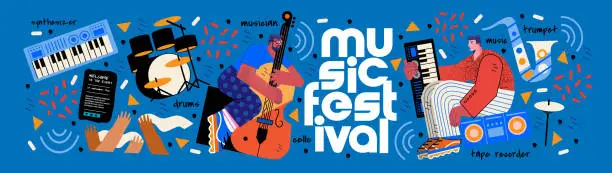 Vector illustration of Music festival.Vector illustrations of musicians, people and musical instruments: drums, cello, synthesizer, tape recorder for poster, flyer or background