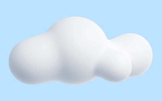 White cloud cartoon 3d render - soft fluffy round-shaped clouds on blue pastel background. Cute cumulus on light blue sky on sunny summer day for natural or dream concept.