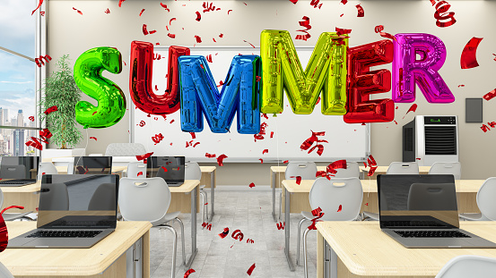 Summer Celebration Concept in a Modern Office with Colorful Balloons. 3D Render