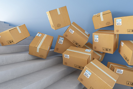 Box Fall Down Cardboard Boxes Falling From Stairs Stock Photo - Download Image Now ...