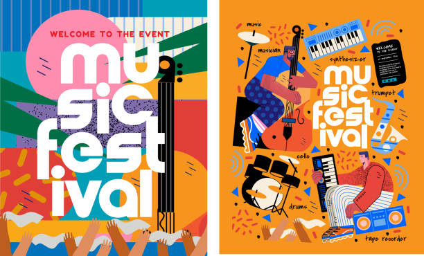 Music festival.Vector illustrations of musicians, people and musical instruments: drums, cello, synthesizer, tape recorder for poster, flyer or background Music festival.Vector illustrations of musicians, people and musical instruments: drums, cello, synthesizer, tape recorder for poster, flyer or background festival stock illustrations