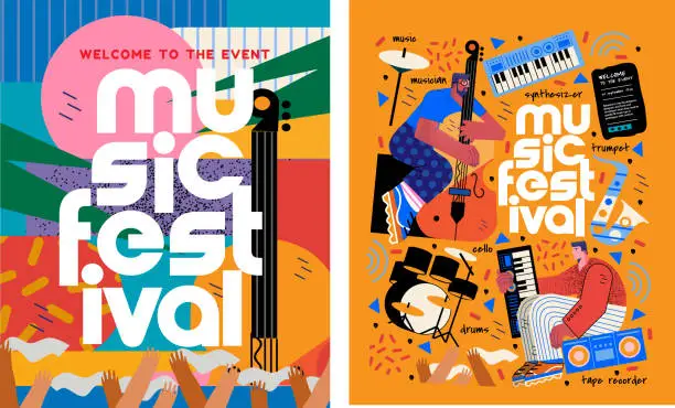 Vector illustration of Music festival.Vector illustrations of musicians, people and musical instruments: drums, cello, synthesizer, tape recorder for poster, flyer or background