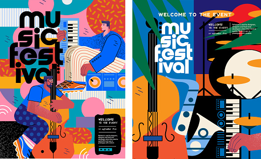 Music festival.Vector illustrations of musicians, people and musical instruments: drums, cello, synthesizer, tape recorder for poster, flyer or background