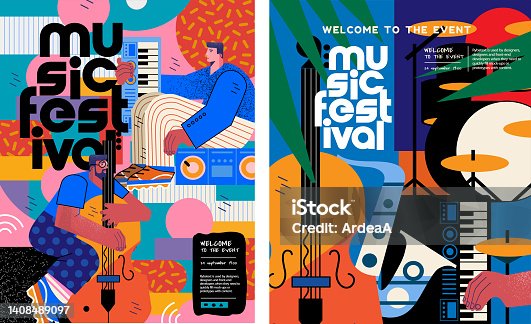 istock Music festival.Vector illustrations of musicians, people and musical instruments: drums, cello, synthesizer, tape recorder for poster, flyer or background 1408489097
