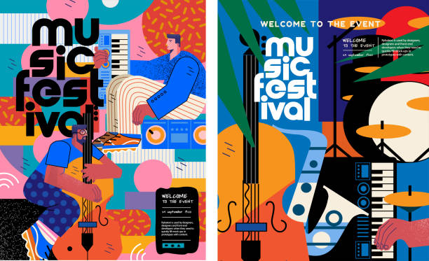 music festival.vector illustrations of musicians, people and musical instruments: drums, cello, synthesizer, tape recorder for poster, flyer or background - 海報 幅插畫檔、美工圖案、卡通及圖標