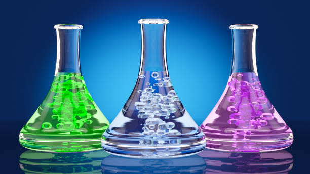 laboratory research concept with flask tubes - laboratory glassware beaker flask glass imagens e fotografias de stock