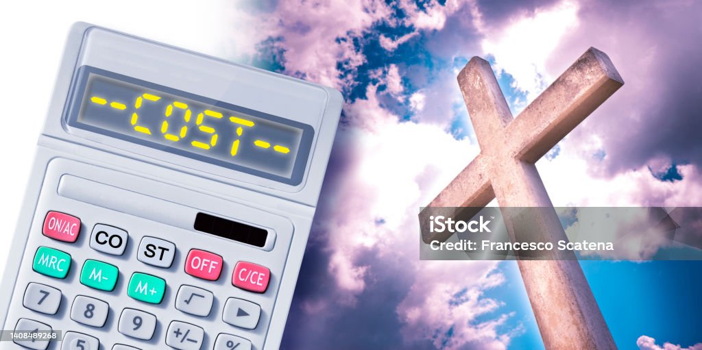 The Cost of Faith - the price of faith concept with christian cross against a dramatic cloudy sky and calculator Providence - Rhode Island Stock Photo