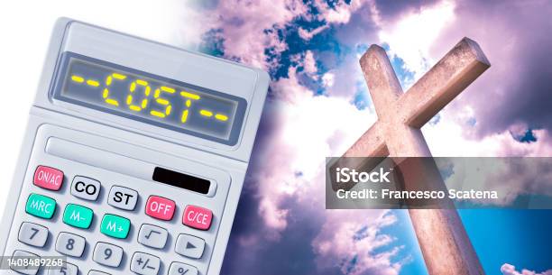 The Cost Of Faith The Price Of Faith Concept With Christian Cross Against A Dramatic Cloudy Sky And Calculator Stock Photo - Download Image Now