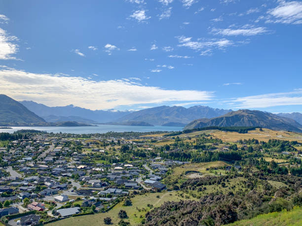 Townscape from Iron Mountain Trail at Wanaka, Otago, New Zealand stock photo