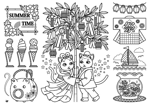 Illustration of cat Summer design "SUMMER TIME Line drawing" Morning glory, Ice cream, Star Festival, Yacht, Fishbowl
