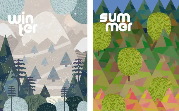 Vector illustration of Nature. 4 seasons: spring, summer, winter, autumn. Vector illustrations of trees, evening sunset in the village, forest and park with people for poster, card or background