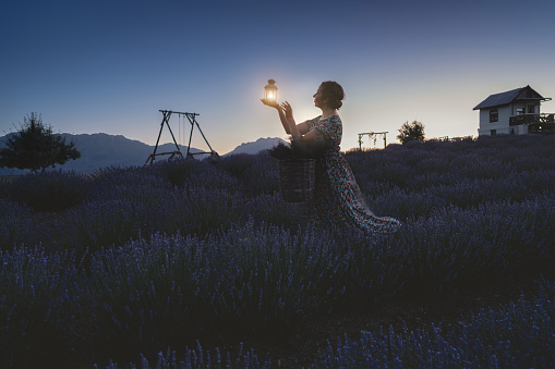 Women walking while holds a large old classic kerosene oil or gas lamp in the dark area of endless lavenders field under stars at night .
