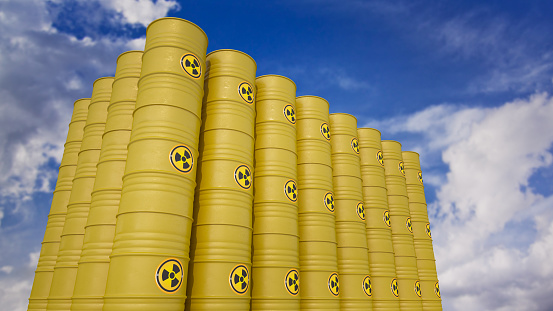 Dumping of Radioactive Waste Barrels. 3D Render
