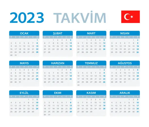 Vector illustration of Vector template of color 2023 calendar - Turkish version