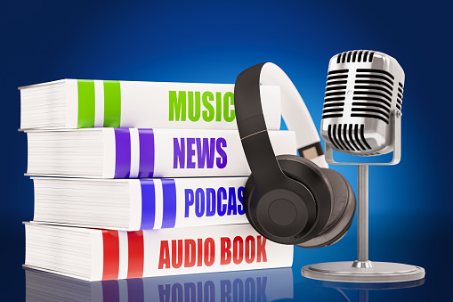Audio Book Concept with Music News Podcast Books Headset and Retro Microphone. 3D Render