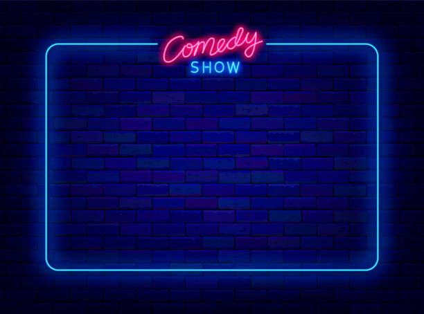 Comedy show neon advertising. Blue shiny frame on brick wall. Comic performance light promotion. Vector illustration Comedy show neon advertising. Blue shiny frame on brick wall. Comic performance light promotion. Stand up banner. Empty border for text. Glowing effect flyer. Vector stock illustration comedian stock illustrations