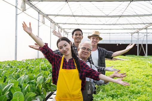 Portrait group diversity of vegetable farm workers waving hand welcome gesture. Hydroponics greenhouse farm organic fresh harvested vegetables concept