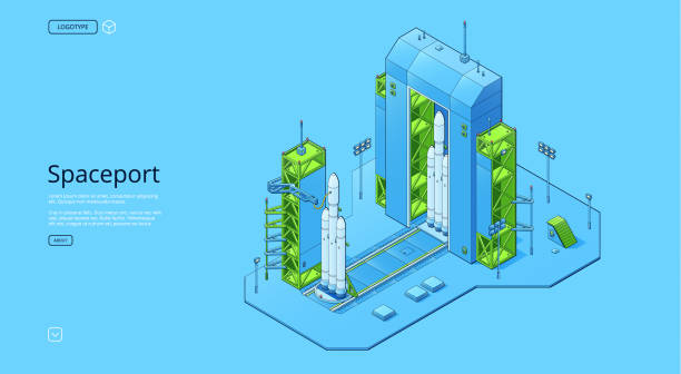 Spaceport isometric set with rocket on cosmodrome Spaceport isometric set with rocket on cosmodrome with hangar and launchpad. Vector horizontal banner with axonometric illustration of autonomous spaceship or shuttle rocket launch platform stock illustrations