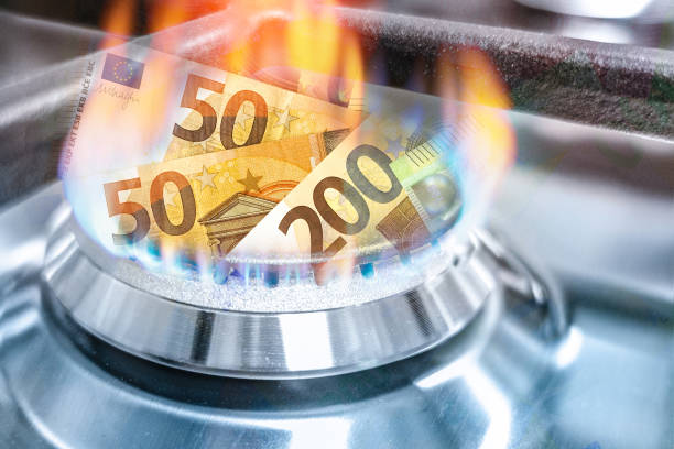 Banknotes burn in the gas flame of the stove stock photo