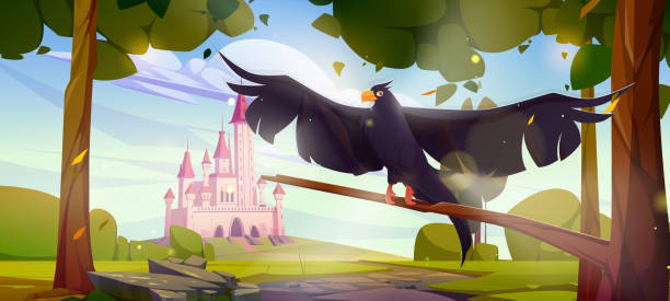 illustrazioni stock, clip art, cartoni animati e icone di tendenza di aquila nera sul paesaggio con castello magico rosa - eagle tower