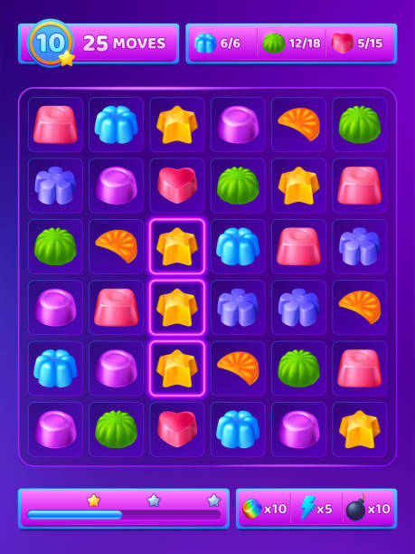 ilustrações de stock, clip art, desenhos animados e ícones de match 3 game background with cute candy icons - hard candy candy fruit nobody