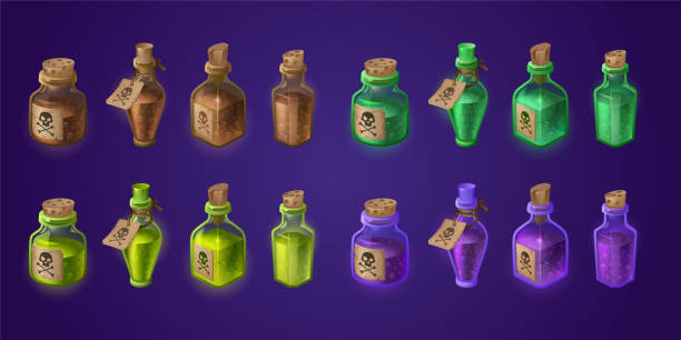 бутылки с ядами, токсичными эликсирами и кислотами - toxic substance poisonous organism bottle potion stock illustrations