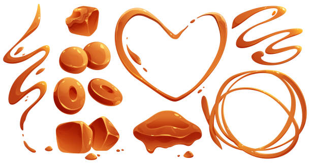 Toffee candies and liquid caramel splashes vector art illustration