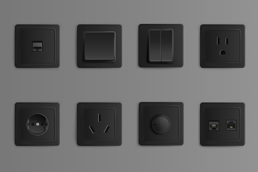 Electric sockets and switches on wall. Vector realistic set of 3d different types toggles and outlet for chinese, european and russian plugs, adapter connectors. Black plastic house supplies