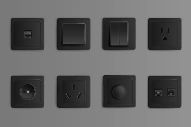 Electric sockets and switches on wall Electric sockets and switches on wall. Vector realistic set of 3d different types toggles and outlet for chinese, european and russian plugs, adapter connectors. Black plastic house supplies interconnect plug stock illustrations