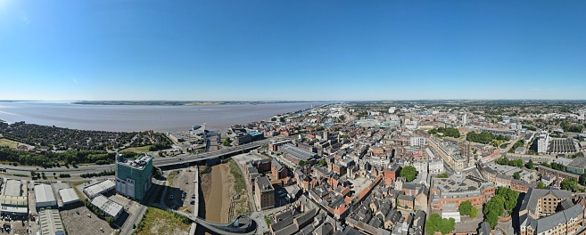 Kingston-upon-Hull, United Kingdom\nJuly 10, 2022\nDrone view looking down on a sunny UK city of Hull in mid summer