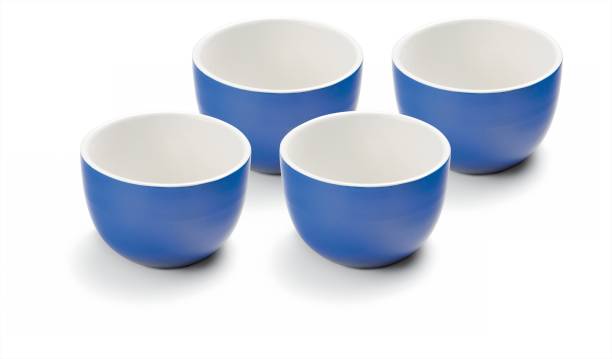 istock Set of four ceramic empty bowls, blue outside, white inside, isolated on white 1408506819