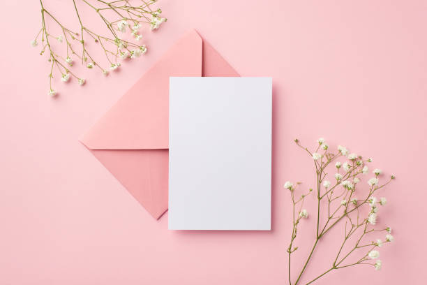 생일 파티 초대장 개념. 빈 공간이있는 고립 된 파스텔 핑크 배경에 분홍색 봉투 종이 카드와 흰색 석고 꽃의 탑 뷰 사진 - greeting card envelope letter pink 뉴스 사진 이미지