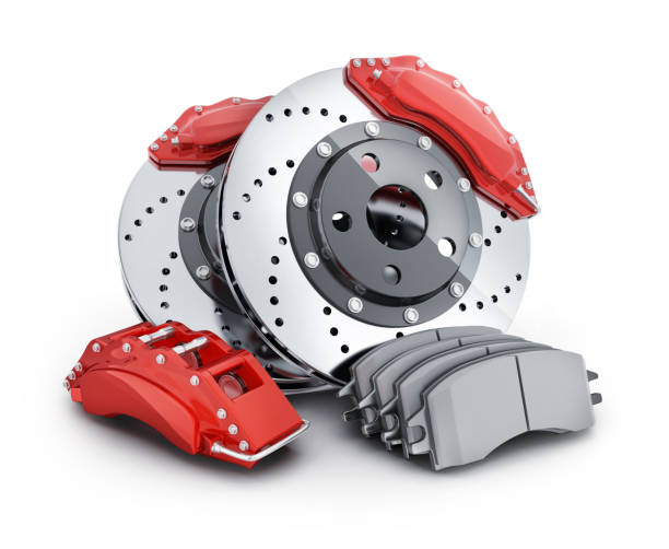 istock Car brake disc and pads on white background 1408508620