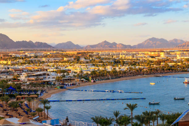 View of Naama Bay in Sharm El Sheikh, Egypt. View from above stock photo