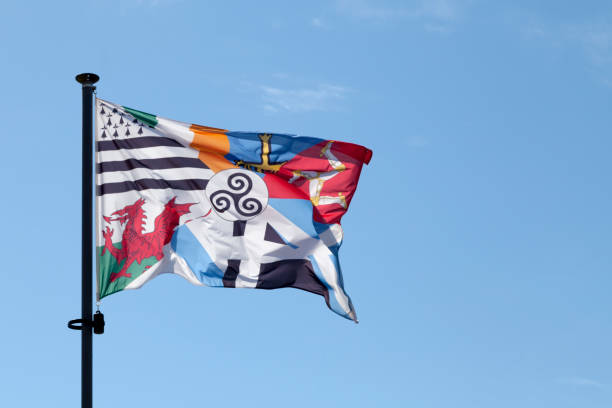 Interceltic flag with in its center a triskel surrounded by the banners of the Celtic countries and regions.
