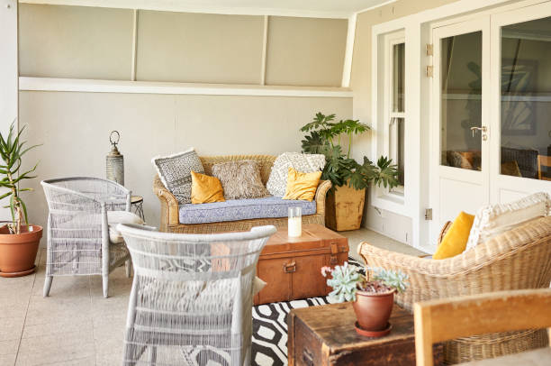 istock Comfortable furniture sitting outside on a back yard patio 1408512236
