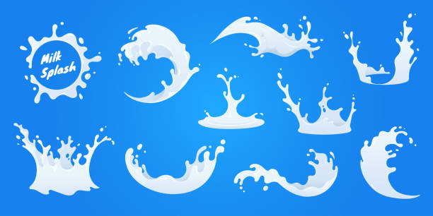 illustrazioni stock, clip art, cartoni animati e icone di tendenza di raccolta splash di latte vettoriale. splatter di latte bianco in stile decorativo isolato su sfondo blu. elemento di design per etichetta, annuncio, promo. - splashing