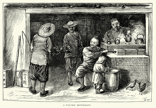 Vintage illustration, Chinese wayside restaurant, Life in China in 1870s, 1872, 19th Century