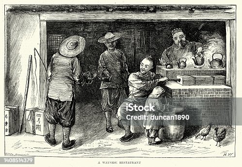 istock Vintage illustration, Chinese wayside restaurant, Life in China in 1870s, 1872, 19th Century 1408514379
