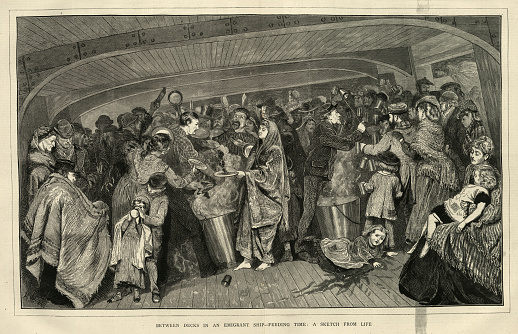 Vintage illustration, Scene on emigrant ship bound for America 1870s, meal time, 19th Century