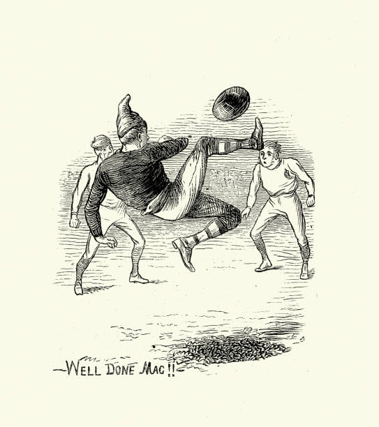 Footballer performing Bicycle Kick during the 1872 Scotland v England football match, sport's first-ever international Vintage illustration, Sketch from 1872 Scotland v England football match, 19th Century. officially recognised by FIFA as the sport's first-ever international. It took place on 30 November 1872 at Hamilton Crescent, the West of Scotland Cricket Club's ground in Partick, Glasgow. scotland football team stock illustrations