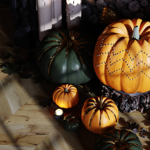 istock Modern Halloween living room interior. 3d rendering. Top view 1408515640
