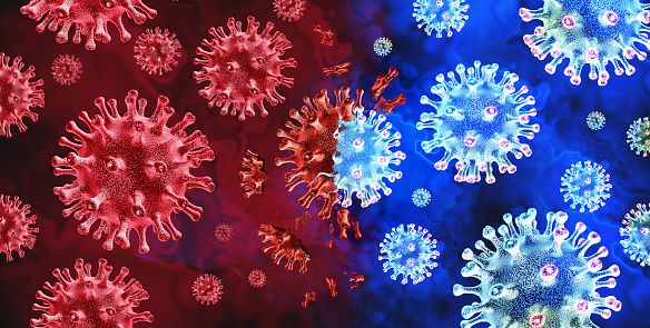 Subvariant Virus Spreading as viral pathogens Mutating variants and mutation as a transmissible health risk concept and new COVID-19 outbreak or coronavirus mutations and influenza background as a 3D render.