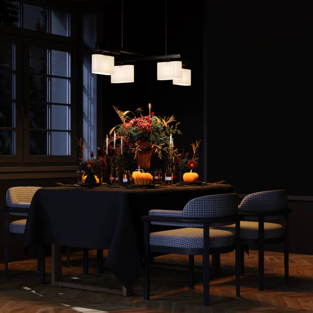 istock Modern Halloween living room interior. 3d rendering. Festive dinner decor. 1408515816