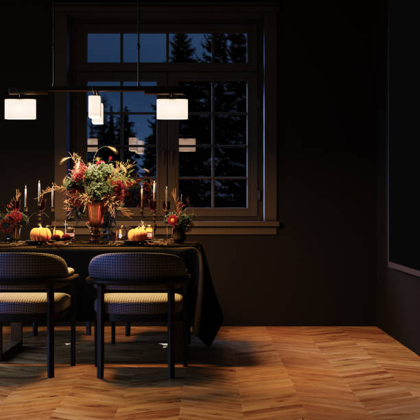 Modern Halloween living room interior. 3d rendering. Festive dinner decor. Place for text