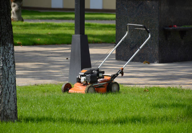 istock lawn mower stands on green grass. preparation for work 1408515837