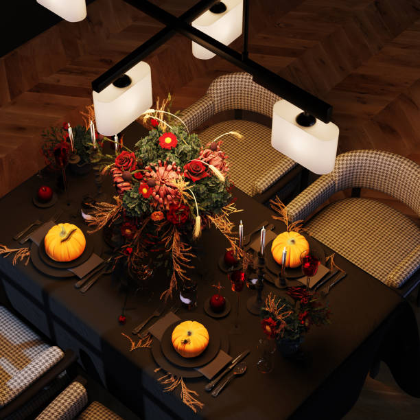 istock Holiday table decor. Top view. Modern Halloween living room interior. 3d rendering. Festive dinner decor. 1408515988
