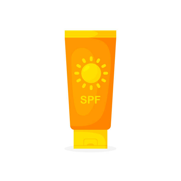 Sunscreen moisturizing cream tube in trendy flat style. Sunscreen moisturizing cream tube in trendy flat style. SPF. Protection for skin from solar ultraviolet light. Packaging template. Vector illustration. suntan lotion stock illustrations